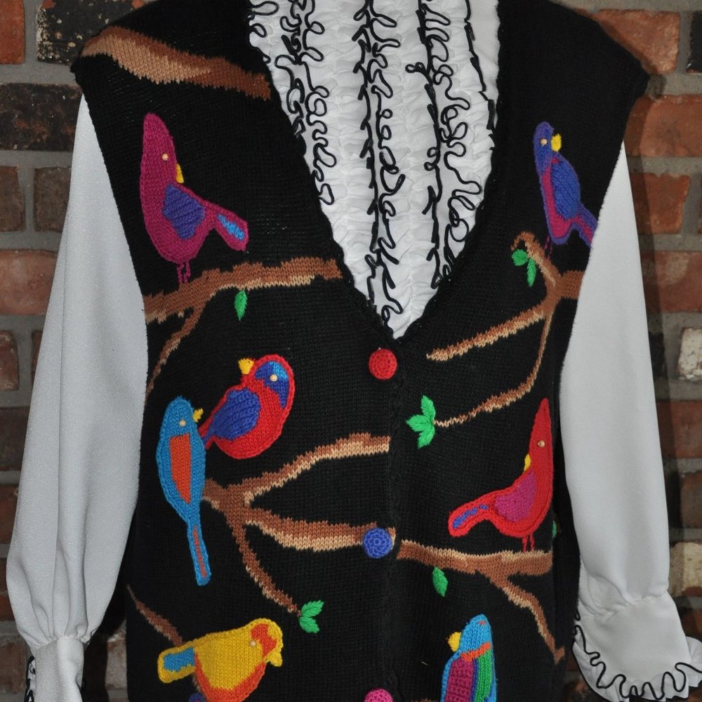 Vtg PBJ Sport BIRDS MultiColor Knit Button-Up Oversize Sweater Sleeveless Vest L